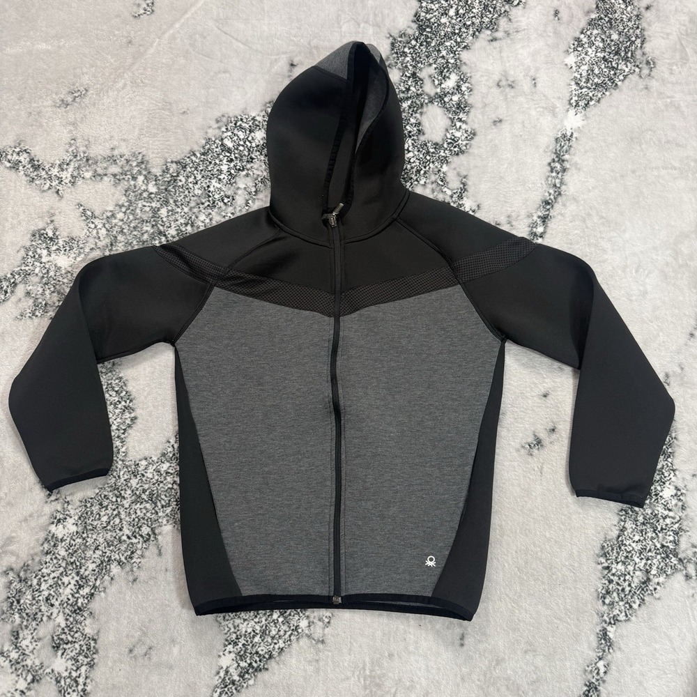 United Colors Of Benetton Jacket Mens M Black Gray Full Zip Hooded Athletic Mesh